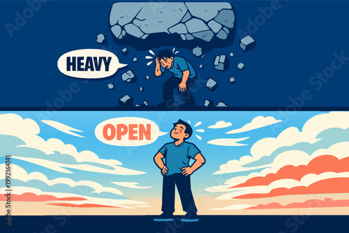 Person feeling emotional burden and stress before feeling freedom and openness to new opportunities