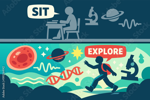 Student choosing exploration over traditional classroom learning, pursuing science, discovery, and curiosity