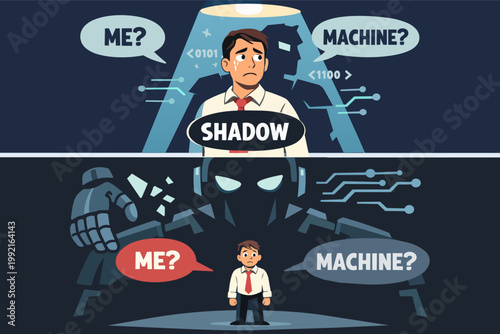 Man struggling with identity crisis, seeing himself as human, while his shadow and inner thoughts reflect a robot or ai