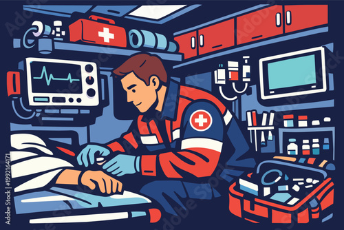 Paramedic providing emergency medical care to patient inside ambulance, monitoring vital signs and giving first aid