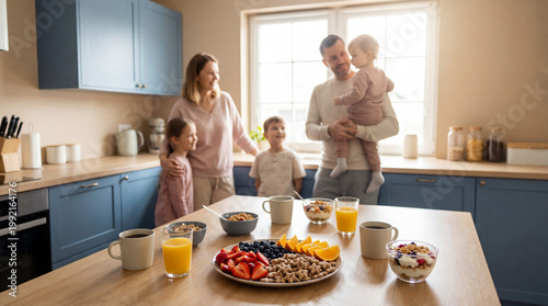 Happy family enjoying a healthy breakfast together in a bright kitchen.