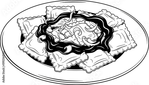 Hand Drawn Ravioli Dish with Dark Sauce and Garnish