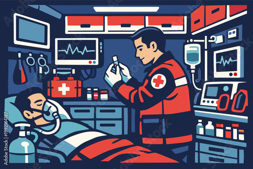 Paramedic providing emergency medical care to patient inside ambulance, health transport and first aid concept