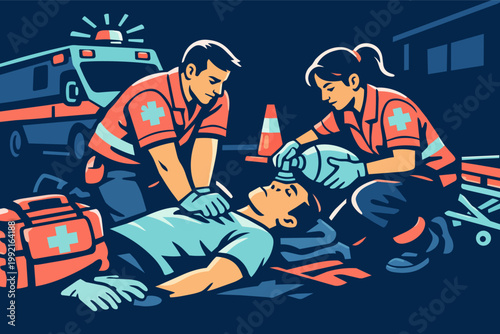 Emergency medical team responding to an accident, paramedics providing life support and chest compressions to a person