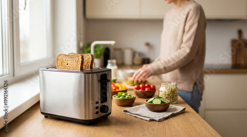 Shiny Stainless Steel Toaster With Golden Brown Bread Slices.