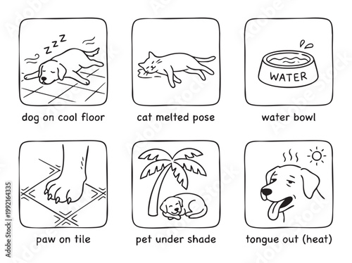 Pets coping with summer heat icons set