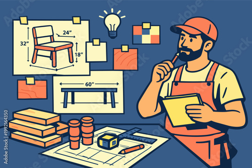 Carpenter thinking and sketching furniture design blueprints in a workshop, planning new creative woodworking projects