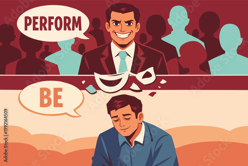 Man performing a public facade due to social pressure, wearing a mask while reflecting on inner authenticity and true identity