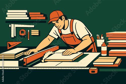 Professional carpenter cutting wood plank using a table saw in a home workshop, demonstrating expert woodworking