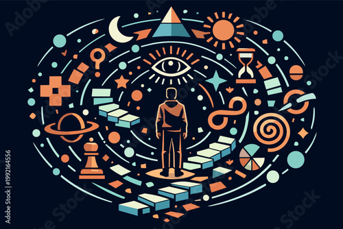 Person standing on a path of stairs, surrounded by symbolic elements representing life, fate, knowledge, and cosmic journey