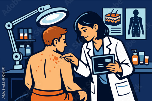 Dermatologist examining patient's skin for a rash, diagnosing skin condition in a medical clinic