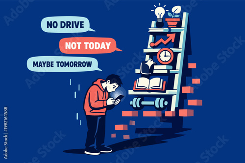 Young man holding smartphone, procrastinating on self-improvement goals, distracting himself from learning, fitness, and growth