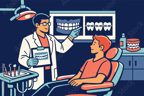 Orthodontist explaining dental x-ray and teeth braces treatment to patient in dental clinic for oral hygiene and care