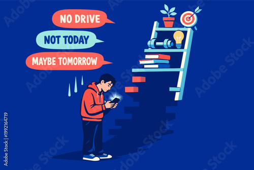 Person choosing phone addiction and laziness over climbing a ladder with books, dumbbells, and a goal target