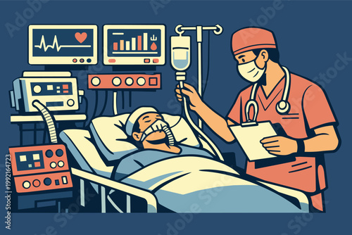Doctor monitoring patient in intensive care unit, providing medical treatment and critical healthcare support