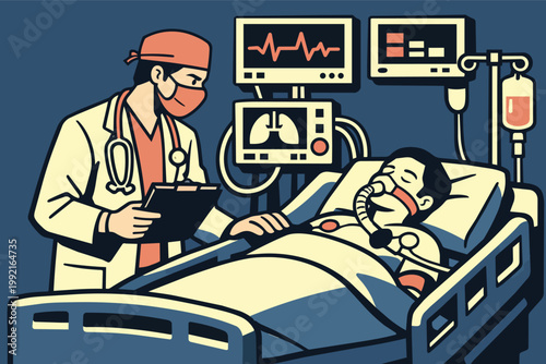Doctor checking on a critically ill patient connected to a ventilator and monitors in an icu, showing healthcare and medical care