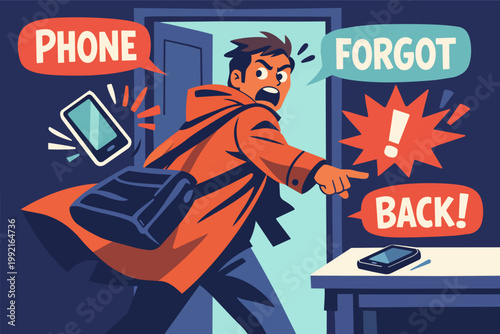 Man remembering he forgot his mobile phone, rushing back into the house with urgency and frustration