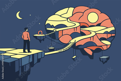 Man standing considering path to inner brain, navigating thoughts, memory, and cognitive landscape with moon and stars