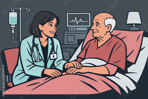 Doctor providing comforting medical care to an elderly patient in a hospital bed, offering empathy and support