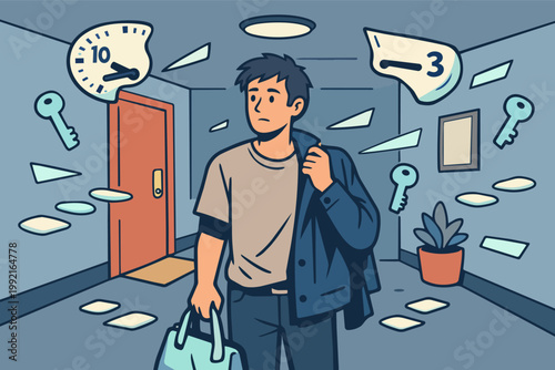 Man experiencing confusion and memory loss in a hallway, forgetting keys and time, reflecting cognitive decline