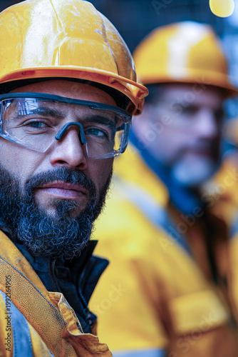 Men wearing hard hats and safety glasses working on a construction site vertical frame
