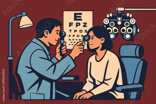 Optometrist checking woman's vision using phoropter and eye chart during an eye exam for good eyesight