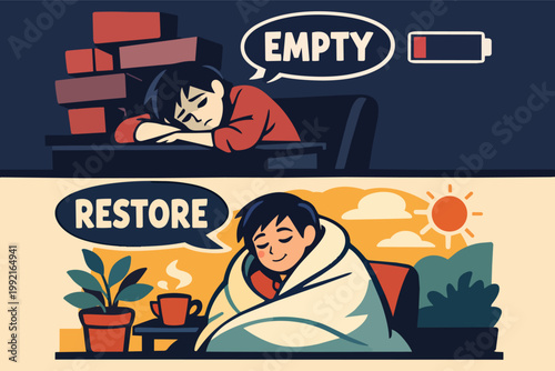 Person experiencing burnout and mental exhaustion, then finding rest, self-care, and recovery, restoring energy and well-being