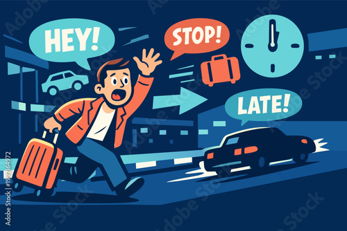 Man running with luggage, trying to hail a car, feeling stressed and late for travel with time running out