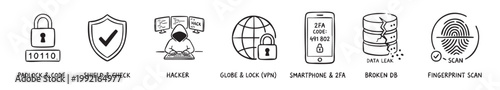 Cybersecurity concept icons showing data protection system and leak