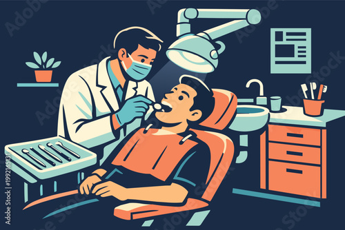 Dentist examining patient's teeth during a routine dental checkup in a modern clinic, prioritizing oral health and hygiene