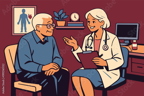 Female doctor consulting senior male patient in clinic, explaining treatment and providing elderly healthcare service