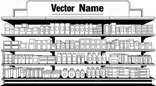 Black and White Pharmacy Shelf with Rows of Products