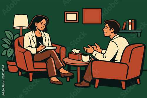 Psychologist providing counseling to client, discussing emotions and life issues during personal therapy appointment