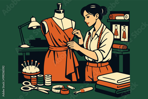 Female fashion designer creating new clothing item on mannequin in professional atelier with sewing tools