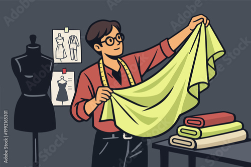 Fashion designer choosing fabric for new creation, working in tailoring studio with patterns and mannequin