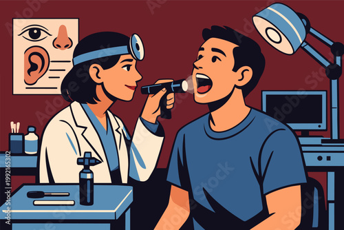 Female doctor with head mirror using a medical light to check a male patient's open mouth and throat for health