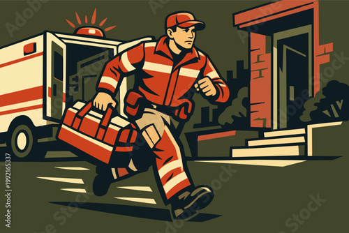 Paramedic running with medical kit from ambulance responding to an emergency, providing urgent healthcare