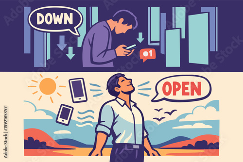 Digital detox showing man looking at phone and feeling down, contrasted with man enjoying freedom from smartphone