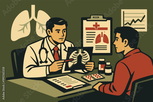 Doctor discussing lung x-ray with patient during medical consultation illustrating healthcare diagnosis