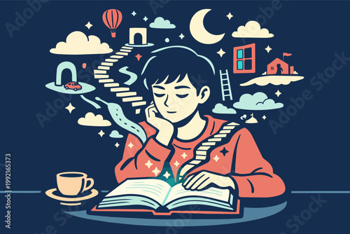 Young person reading a book, dreaming up a world of imagination and fantasy with a cup of coffee nearby