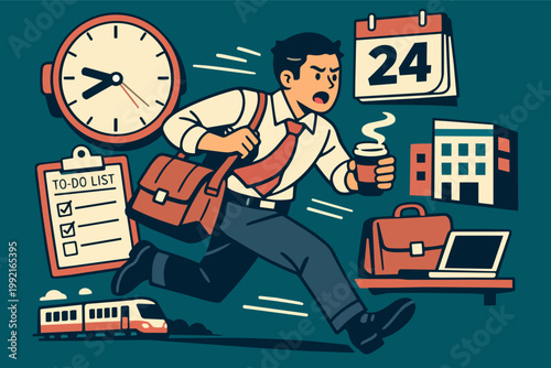 Businessman stressing about time, managing work deadlines, and commuting for a busy career lifestyle