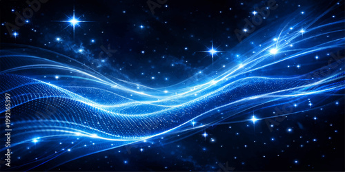 A glowing blue fractal design creates a shiny motion of energy waves across a bright galaxy space background with light from stars in this abstract art wallpaper