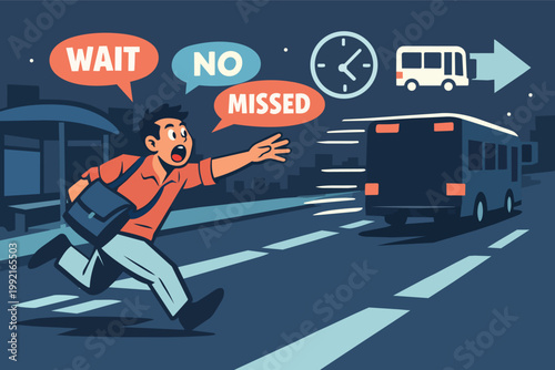 Man missing public transport, running after scheduled bus, late for work or important appointment, feeling stress and worry