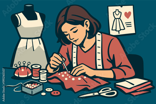 Female tailor creating fashion designs, sewing dress fabric with needle and thread, surrounded by craft tools and mannequin