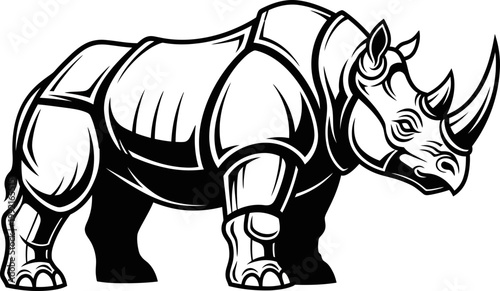 black and white vector illustration of armored rhinoceros with mechanical plating