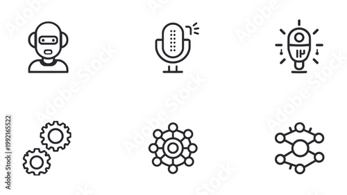 Technological Icons: A collection of simple, stylized icons, encompassing robotics, audio recording, and network, all suggesting the intersection of technology and communication.
