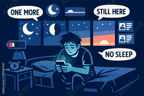 Young man suffering from insomnia and sleep deprivation, staying awake all night using phone in bed, experiencing exhaustion