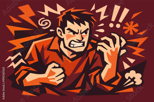 Frustrated man expressing anger and rage, showing stress and aggression with furious yelling in comic style illustration