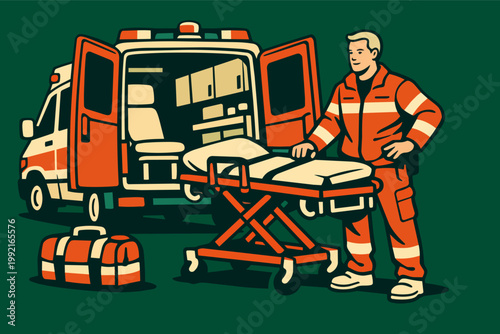 Paramedic standing beside an ambulance with a stretcher, providing emergency medical assistance and rescue service