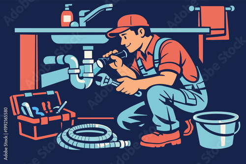 Plumber inspecting sink pipes for leaks, using a flashlight and wrench, offering professional repair service